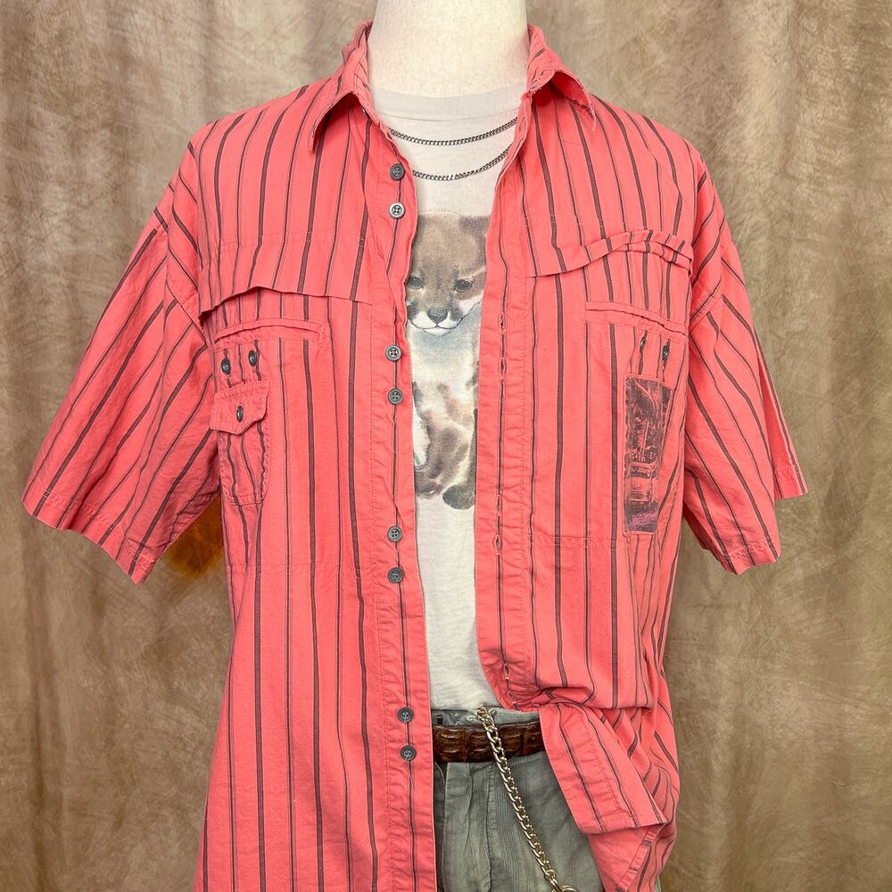 Bugle Boy Striped Shirt Vintage 80s Car Photograph Pink Button Up Retro Beach